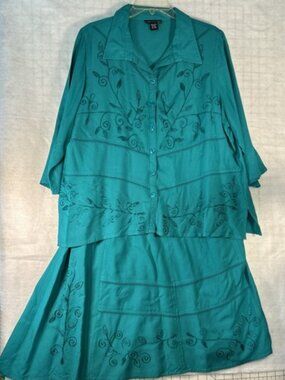 JUST CLASS Womens Boho 2 Pc Set Turquoise Maxi 1990s Top 1xl Skirt XL
